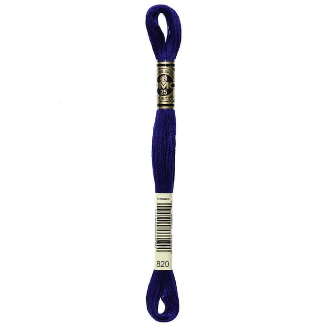 DMC Blue Cotton 6 Strand Floss 8m in deep blue, a single skein of 100% long staple Egyptian cotton embroidery thread with gold and black DMC 25 label and barcode marked color 820, suitable for cross-stitch, embroidery, and scrapbooking.