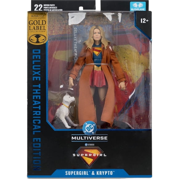 DC Multiverse Supergirl Figurine Articulée de 7 Pouces Édition Théâtrale Exclusive - Étiquette Supergirl et Krypto Gold