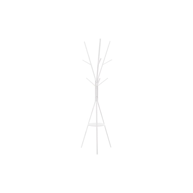 Monarch Specialties - Coat Rack, 72"H, free-standing white metal hall tree with 6 hooks and a round white MDF shelf on a triangular base, designed for entryway or bedroom to store light coats, hats, and accessories while optimizing corner space.
