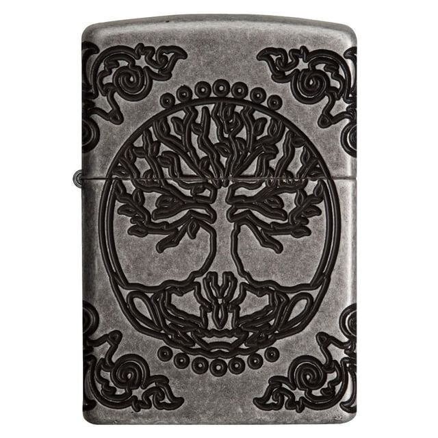 Zippo Tree of Life (29670) windproof lighter with Armor® Antique Silver finish, featuring a raised MultiCut Tree of Life design centered on the front, surrounded by Art Nouveau corner details and circular accents, made from thick metal for durability, ideal for camping gear and fire-starting accessories.