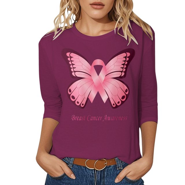 Fgnfyis T-Shirts pour Femmes Sensibilisation au Cancer Hauts Décontractés Col Rond Manches Trois Quarts Design Imprimé pour Quotidien Printemps Été Automne Célébrations Hauts pour Femmes Rose Vif TG