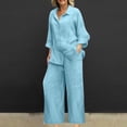 thumbnail image 2 of Women 2 Piece Linen Sets 2025 Button Up Long Sleeve Shirt Drawstring Wide Leg Pants Set Summer Outfits, 2 of 5