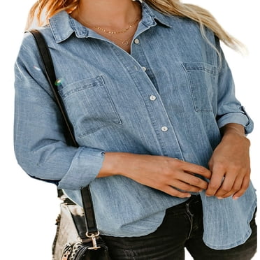 Women Trendy Jean Shirt Lapel Long Sleeve Button-Up Relax Fit Denim Blouse