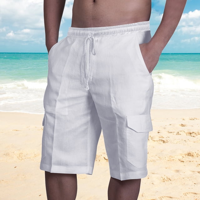 AherBiu Mens Shorts Linen Drawstring Elastic Waist Classic Fitted Casual Summer Beach Shorts with Pockets