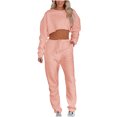 thumbnail image 1 of IROINNID Survêtement pour Femmes Ensemble 2 Pcs Économies Col Rond Couleur Unie Chandail Court Nombril Chandail à Manches Longues Décontracté Pantalon à Cordon Costume Ensemble Athlétique,Pink, 1 of 9