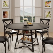 Dining Room Table for 4-6 People, 47inch or 42inch Round Kitchen Table with Metal Base and Storage Shelves for Kitchen Dining Room Apartment Small Space, Only Table Included