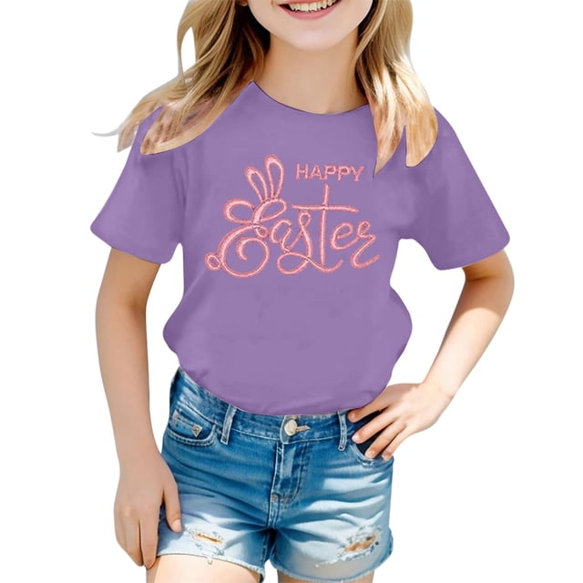 LUOGENLI T-Shirt pour Filles Mode Décontractée Imprimé Col Rond Manches Courtes T-Shirt Maxi pour Filles 2025 Fendu Violet 12-13 Ans