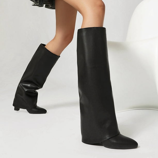 Knee High Fold over Boots for Women Winter Fall Leather Pointed
