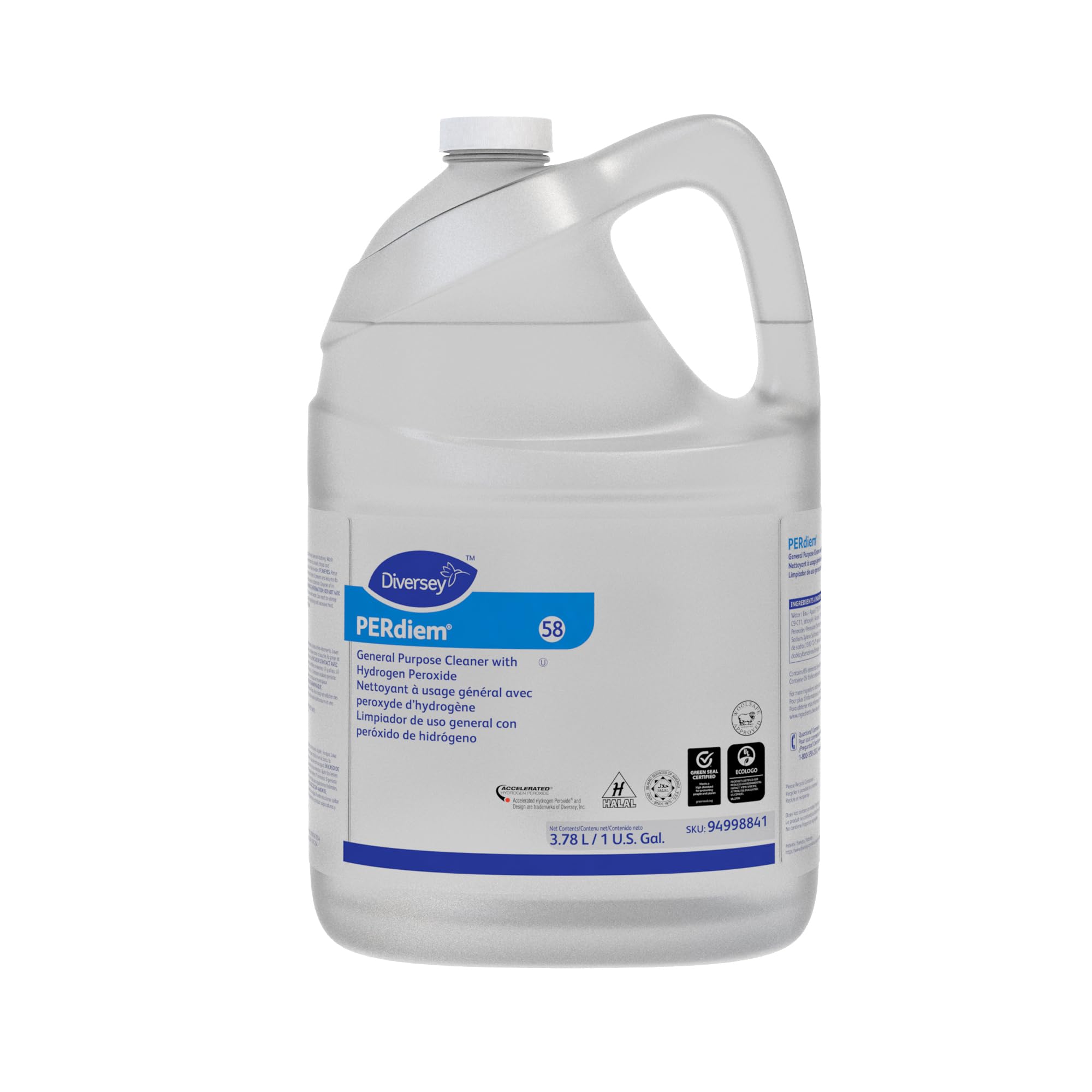 Diversey 94998841 PERdiem 58 General Purpose Cleaner with Hydrogen Peroxide, Dye Free & Unscented Liquid Concentrate, 3.