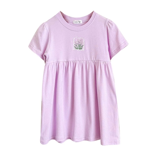 Robe pour Filles Enfants Tout-Petits Filles Été Mignonne à Imprimé Floral Col Rond Manches Courtes Robe Décontractée Robes pour Tout-Petits Violet 1 An-2 Ans
