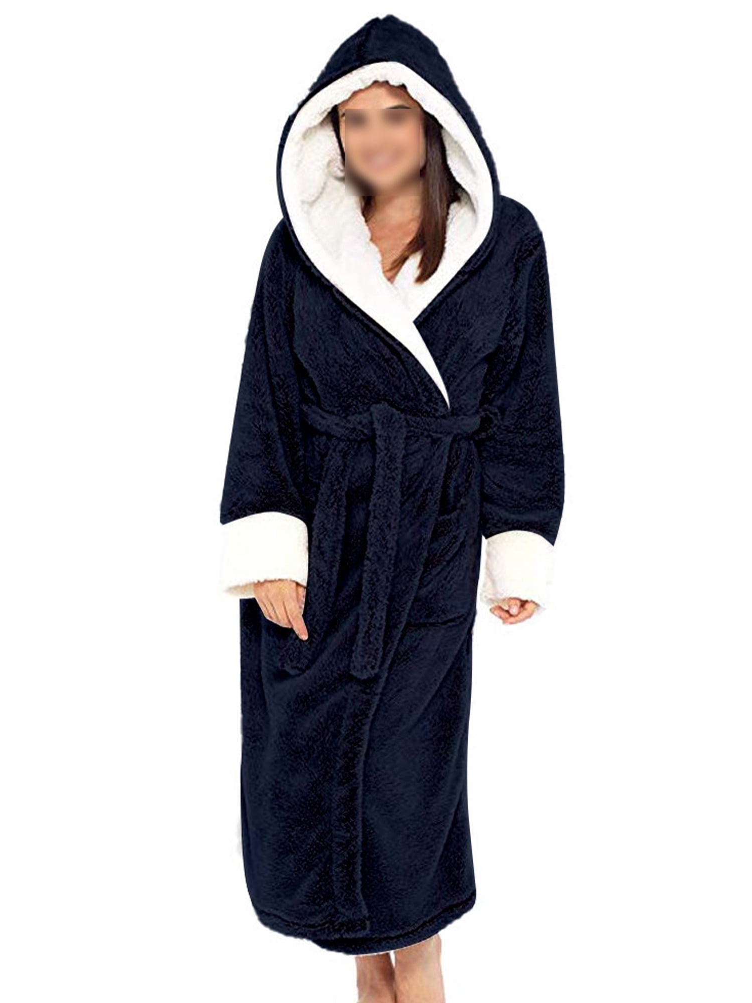 Fashnice Women Sleepwear Long Sleeve Sherpa Robes Solid Color Fuzzy Plush Bathrobe Warm Sleeping Fleece Robe Navy Blue S