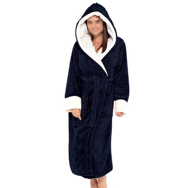 Fashnice Women Sleepwear Long Sleeve Sherpa Robes in navy blue, designed with a hooded neckline, white sherpa lining, belted waist, and long sleeves. This plush fleece bathrobe, made from 65% cotton and 35% polyester, is perfect for women's loungewear, sleepwear, or casual wear during colder seasons.
