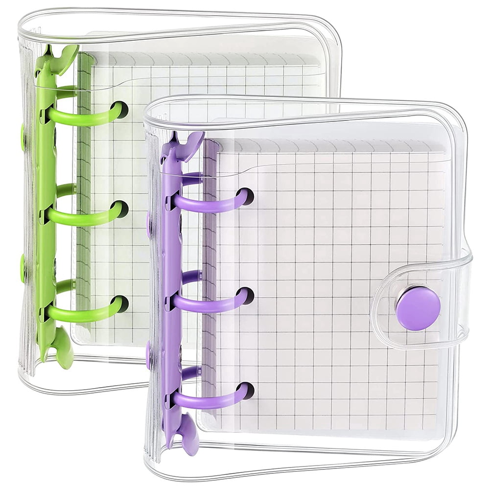 2 Sets Mini Clear 3 Ring Binder Covers with Binder Inner Paper Bag Clear Soft PVC Notebook Closure Binder(Green,Purple)