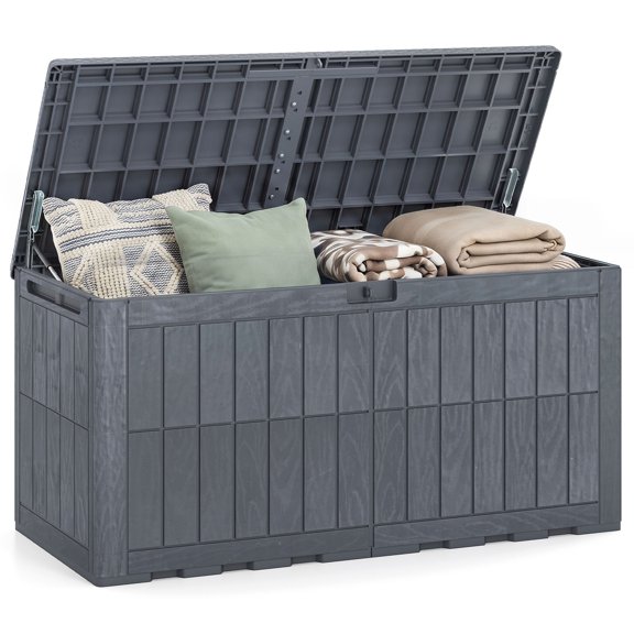 Gymax 120 Gal Outdoor Deck Box All-Weather Lockable Storage Bin w/ Lid & Handles Gray