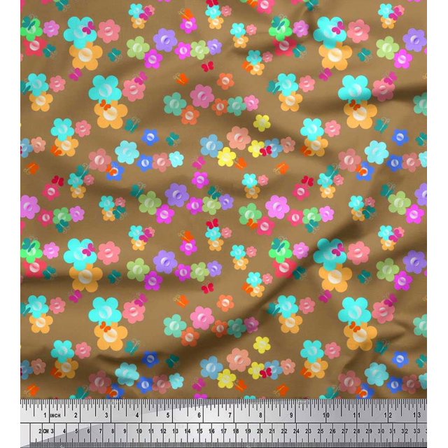 Soimoi Brown Poly Georgette Fabric Insect & Floral Clip Art Print Sewing Fabric BTY 42 Inch Wide