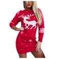 thumbnail image 1 of Women‘s O Neck Elk Snowflake Christmas  Pullover Sweater Knit Mini Dress, 1 of 2