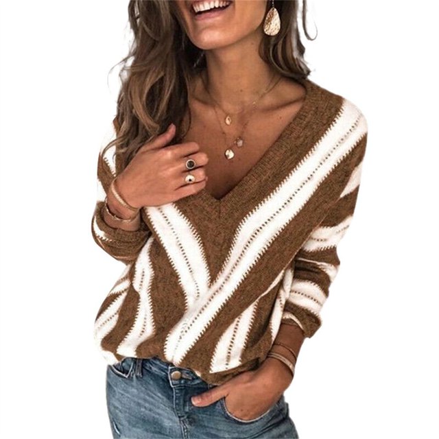 Women‘s Sweaters Casual Long Sleeve V-neck Striped Fall Pullover Knit Sweater Tops