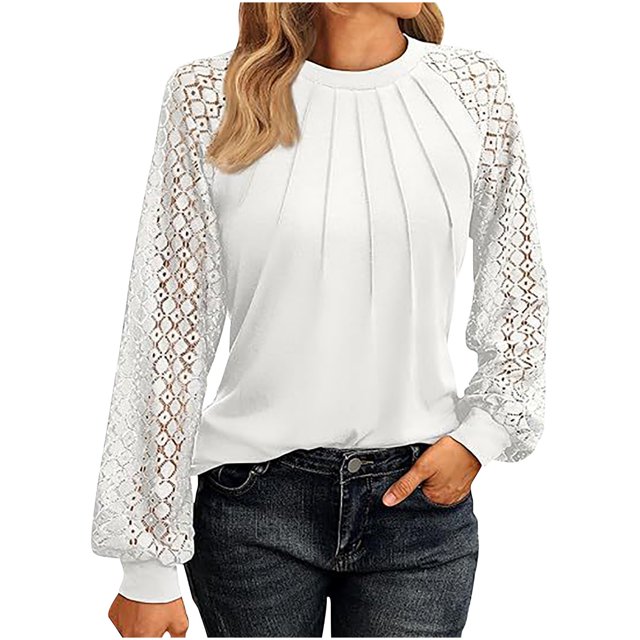 Timegard Hauts pour Femmes Dentelle Manches Longues Épaules Tombantes Blouse Froncée Automne Décontractée Col Rond T-Shirt Confortable Hauts