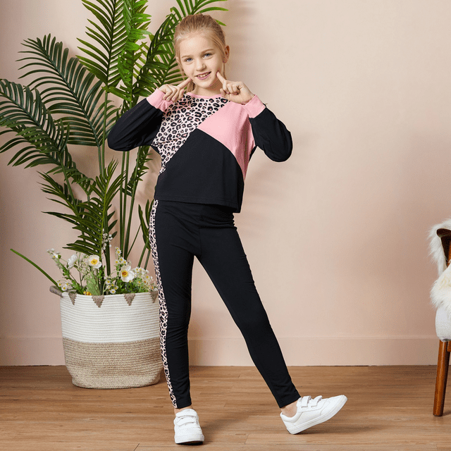 PatPat Kid Girls Sweatshirt and Jogger Set Leopard & Color Block Outfits Set Size 4-12