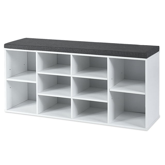 Gymax Banc d'Entrée Rembourré pour Rangement de Chaussures, Organisateur à 10 Cubes, Banc Réglable, Blanc