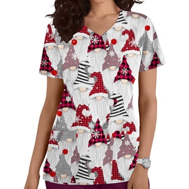 EGNMCR Women Nursing Scrub Tops Christmas Printed Working Uniform Short Sleeve V-Neck Workwear Blouse T-shirt with Pockets, Christmas Costumes