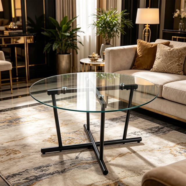 Key Table Writing Noble House Round Clear Tempered Glass Coffee Table,6mm Thick Top with ...