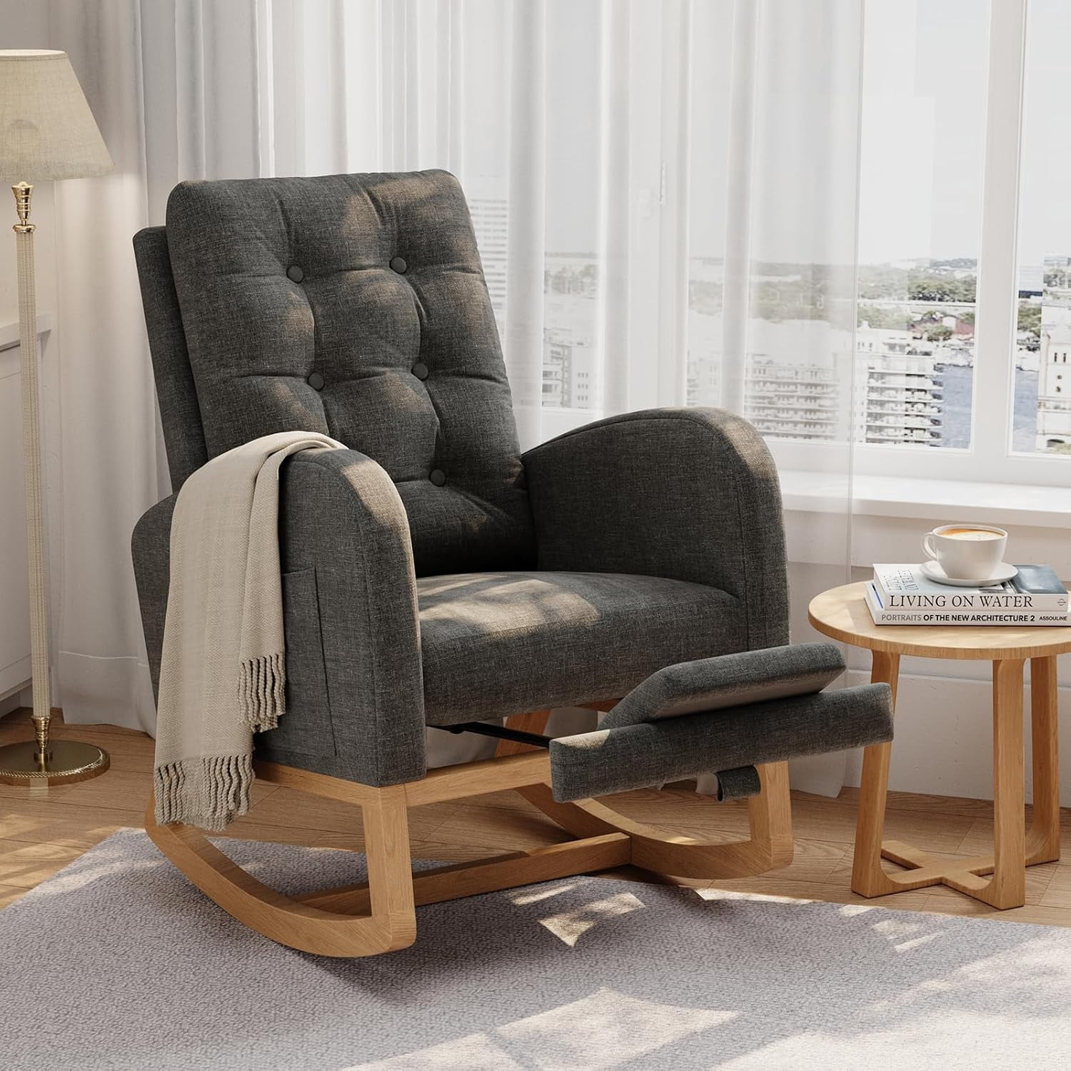 Twister.CK Modern Rocking Accent Chair with Footrest, Upholstered Rocker Glider with Side Pocket, for Living Room, Bedroom, Nursing Room, Gray