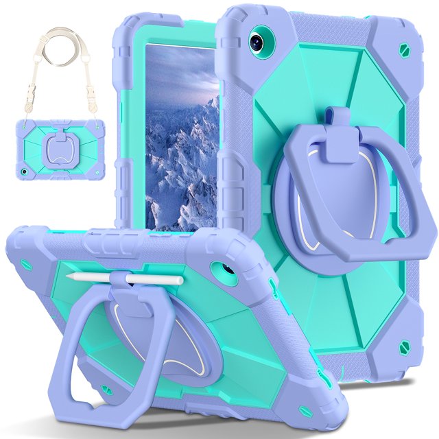 Samsung Tab A9 8,7 Pouces Étui de Protection Tout Inclus en Violet lotus et Menthe, Doté d'Une construction Antichoc en silicone et PC. l'Étui Comprend un Support Rotatif pour Visionner Mains Libres, un design Embossé Antichute et Résistant à l'Usure, et une Bandoulière Détachable pour la Portabilité. Conçu pour s'Adapter Parfaitement au Samsung Tab A9 8,7 Pouces, Il Mesure 25x18x3 cm et Pèse 300 g.