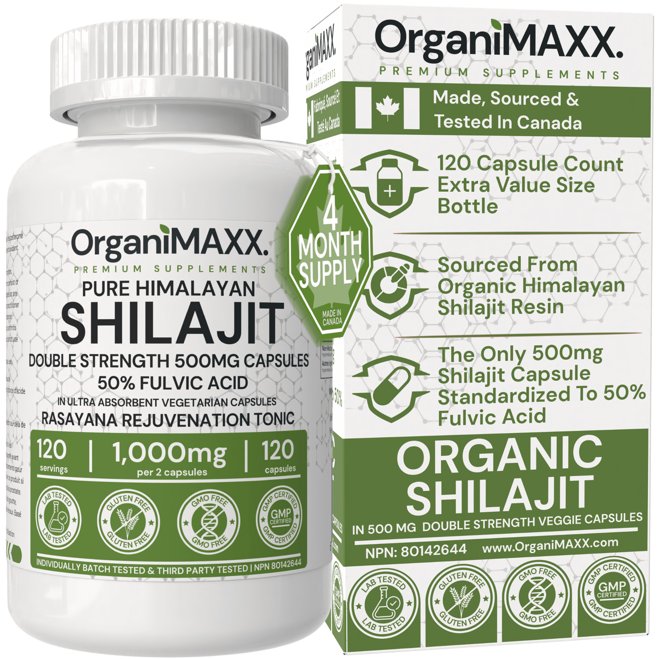 500mg Organic Shilajit Capsules | 50% Fulvic Acid | 120 Pack Value Size Bottle | OrganiMAXX Pure Himalayan Shilajit