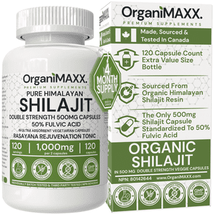 500mg Capsules de Shilajit organiques 50% Acide ulvicique 120 Emballer la valeur Taille bouteille OrganiMAXX Pure Himalayan Shilajit