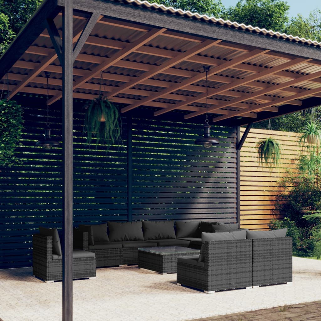 vidaXL 9 Piece Garden Lounge Set with Cushions Poly Rattan Grey