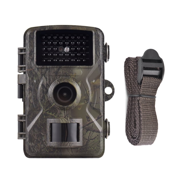 1080P Trail Camera 16MP Wildlife Scouting Camera with a camouflage design, 2.0-inch TFT color screen, infrared night vision, and motion activation. Ideal for hunting accessories and game management. Includes a durable strap for mounting. IP66 waterproof for outdoor use in tough environments.
