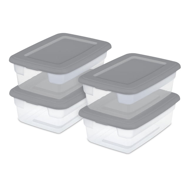 Sterilite Ensemble de Quatre Boîtes de Rangement de 11,4 Litres avec bases en Plastique Transparent et Couvercles Opaques Gris à Clipser, Empilées par Paires pour Maximiser l'Espace de Rangement vertical, Idéal pour Organiser des Articles Ménagers Légers et des Accessoires de Garde-Robe.