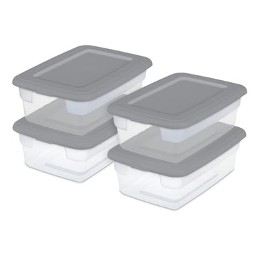 Sterilite Set of (4) 11.4 Liter Storage Box, Clear Plastic Storage Bins, Snap-on Lid, Grey