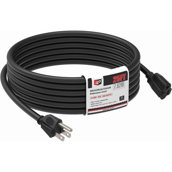 EP 25 Ft Outdoor Extension Cord - 16/3 SJTW Black Electrical Cable with 3 Prong Grounded Plug