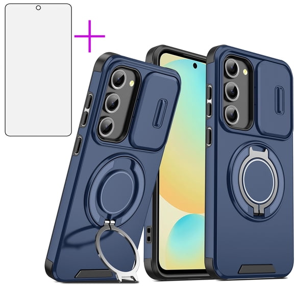 Asuwish Compatible with Samsung Galaxy S23 Plus S23+ 5G Phone Case Slide Camera Cover Tempered Glass Screen Protector Stand Ring Holder Rugged Slim Cell for S23plus 23S S 23+ SM-S916U Women Men Blue