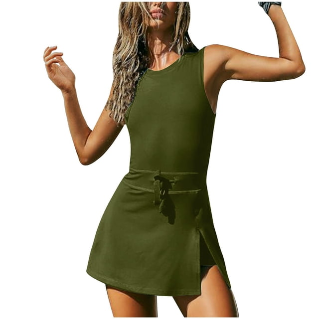 Timegard Womens Rompers Round Neck Sleeveless Drawstring Backless Workout Skirts Jumpsuit with Shorts