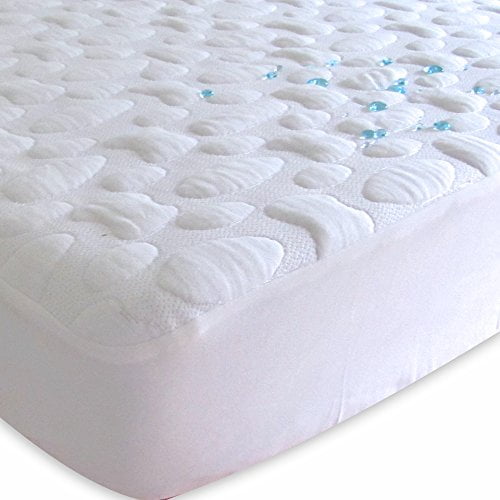 40-Winks Natural Tencel Pebble Puff Crib Mattress Pad Protector in white, small size. Features a textured pebble-like surface with a plush design. Made from natural eucalyptus fibers (Tencel), it is soft, breathable, and water repellent. Designed to protect against dust mites, allergens, and accidental spills. Includes double-stitched seams for durability and a snug fit.