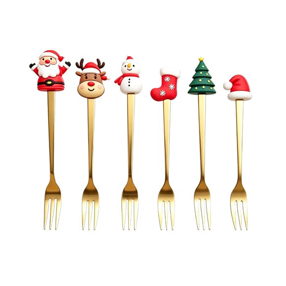 Drppepioner Christmas Stainless Steel Dessert Spoon fork Set 6Pcs,Festive Santa Reindeer Snowman Silicone Handle Mini Cutlery