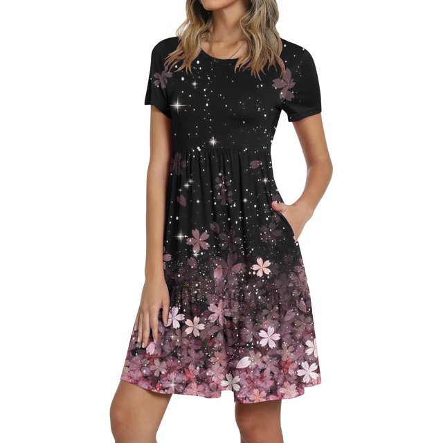 SMihono Robe d'Été Grande Taille pour Femmes 2023 Mode Décontractée Col Rond Couleur Unie Imprimée Manches Courtes
