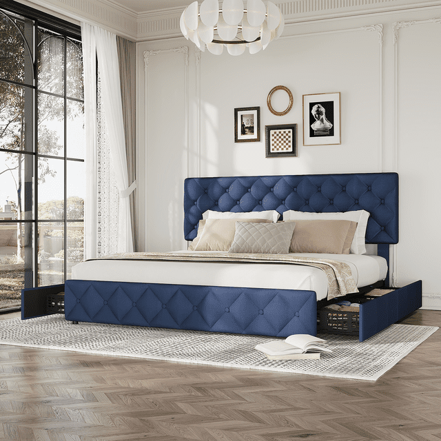 CazToi Queen Size Storage Bed with 4 drawers and adjustable headboard, upholstered in blue PU leather with button-tufted detailing. The bed features a sturdy steel frame with 12 wooden slats, supporting up to 1000 lbs. The headboard height adjusts between 42.9 and 45.7 inches, offering customizable comfort. The four spacious storage drawers with smooth-gliding wheels provide ample under-bed organization. Displayed in a modern bedroom with white walls, a large window, and elegant decor.