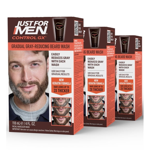 Just For Men Control GX Grey Reducing Beard Wash Shampoo with Keratin, Gradually Colors Mustache and Beard, Leaves Facial Hair Thicker Softer and Fuller, 4 Fl Oz - Pack of 3 (Pa