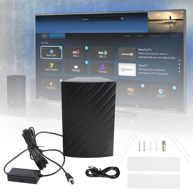 ATSC Dual Amplifier HD Digital TV Antenna with a sleek black design, shown with its 16.5-foot coaxial cable, USB power adapter, and mounting accessories. This indoor and outdoor antenna supports 4K, 720p, 1080i, and 1080p HD modes, with a range of 300-500 miles. It features a horizontal and vertical polarization, 39 dBi gain with amplifier, and compatibility with DTMB, ATSC, DVB-T, and ISDB-T signals. The antenna is waterproof and magnetized for versatile placement. A TV screen displaying various channels is visible in the background.