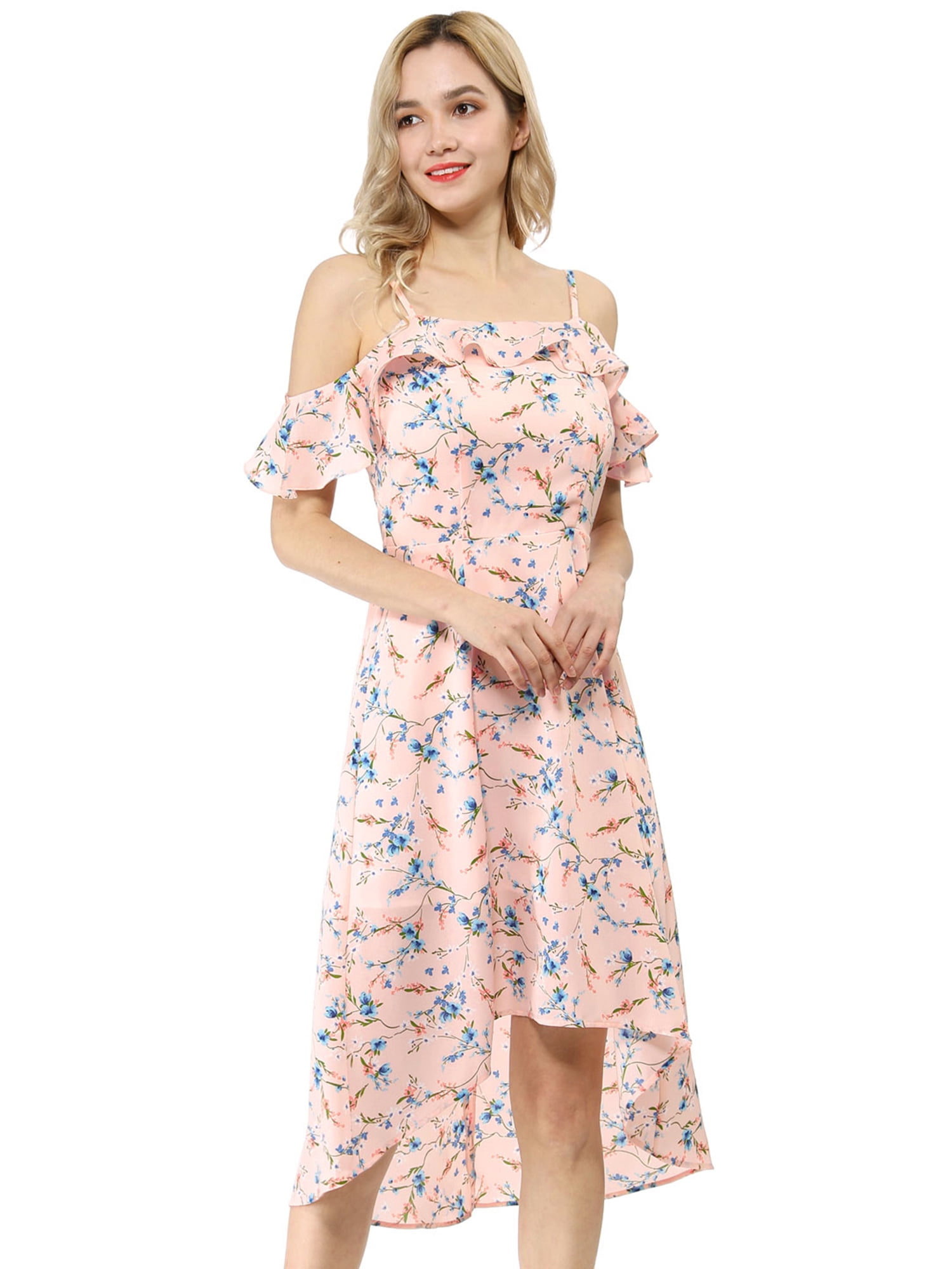 INSPIRE CHIC Women's Spaghatti Straps Ruffled a-Line Midi Floral Dresses XS Pink