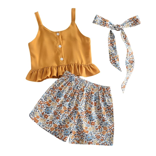 Ketyyh-chn99 Baby Girl Outfits Baby Girl Skirt Print Baby Blanket Solid Color Button Decorated Ruffle Suspenders Floral Pattern Shorts With (Yellow, 6 Years)