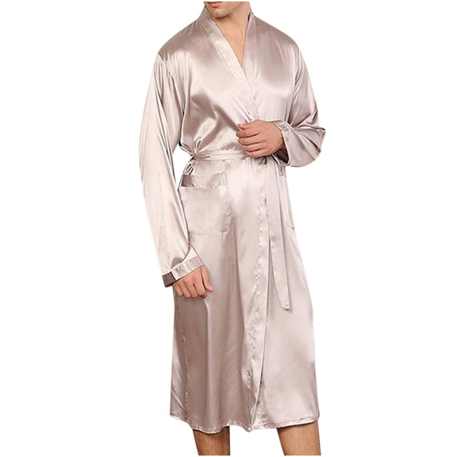 Birdeem Men Solid Casual Long Sleeves Lace-Up Striped Home Pocket Long Pajama Robe Shorts