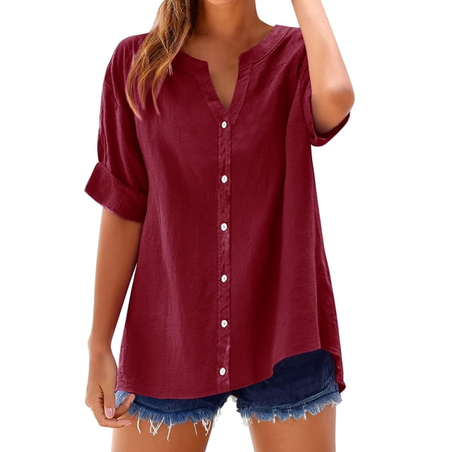 Womens Summer Tops Trendy Clearance Summer Linen Work Tops for Women Trendy Plus Size V Neck Button down Boho Clothes Spring Tops for Women 2025 New Red L