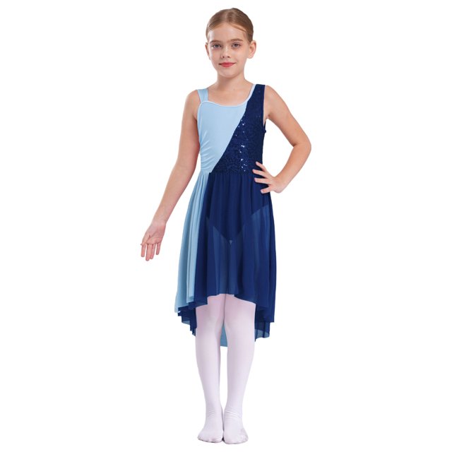 RUNQHUI Filles Enfants Sans Manches Ballet Lyrique Danse Contemporain Moderne Costumes Robe Asymétrique en Maille Bleu Marine 14
