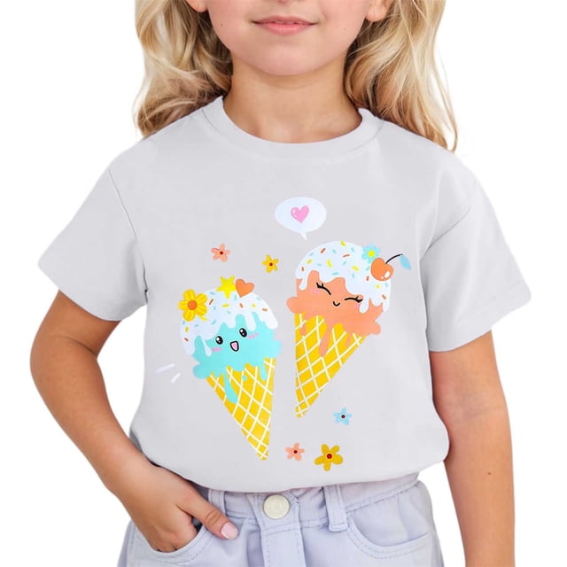 HNMKIU T-Shirt à Manches Courtes Imprimé Mignon pour Filles à Col Rond pour Enfants T-Shirt Graphique Haut pour l'Été Confortable pour Tous les Jours Tenue Active Stylée pour Filles