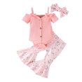 thumbnail image 1 of Faithtur 3Pcs Baby Girl Spring Outfits, Short Sleeve Cold Shoulder Romper + Flare Pants + Headband Set, 1 of 9